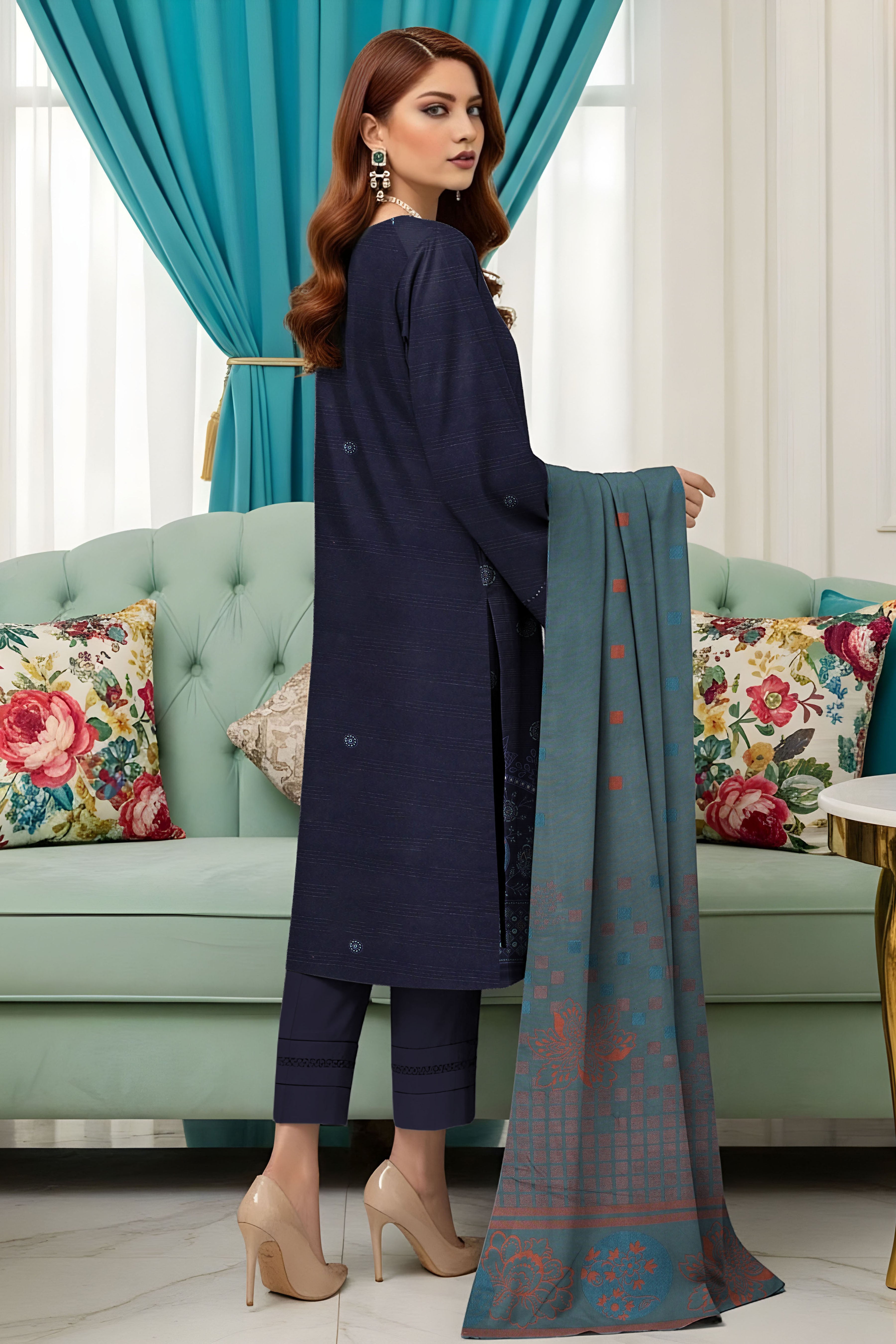 SASSI PEACH WOOL PRINT Shirt & Dupatta Vol-2560