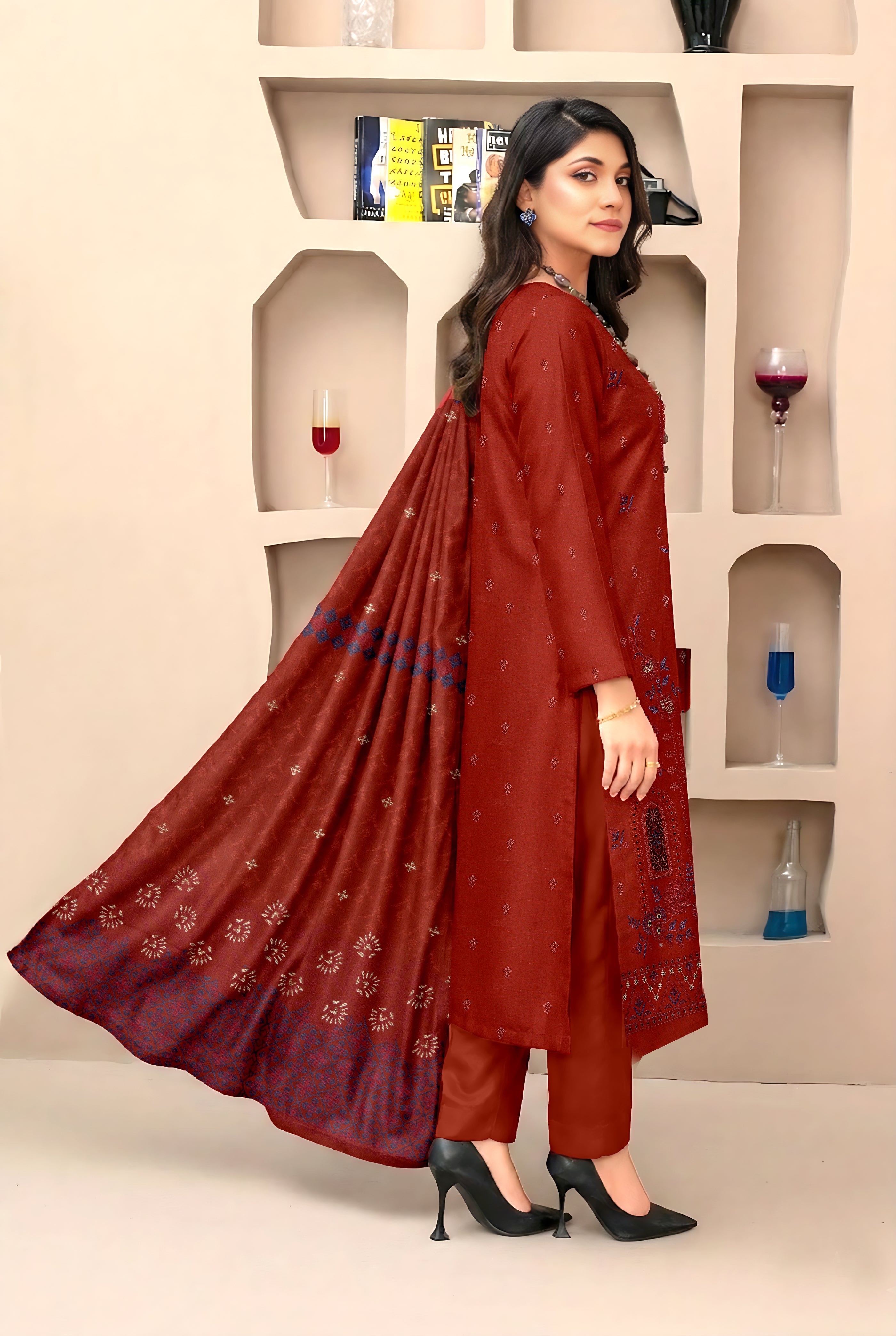 SASSI PEACH WOOL EMB Shirt & Dupatta Vol-2557