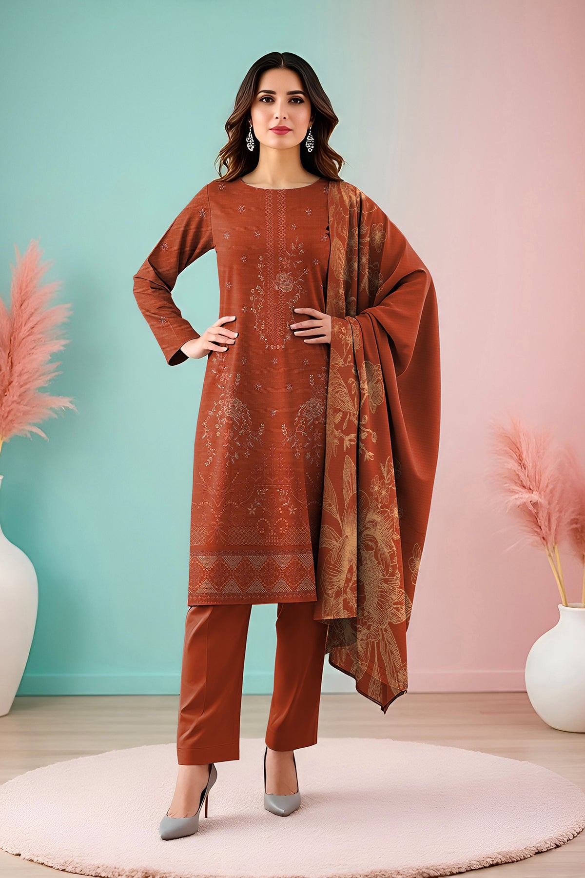 SASSI PEACH WOOL EMB Shirt & Dupatta Vol-2540