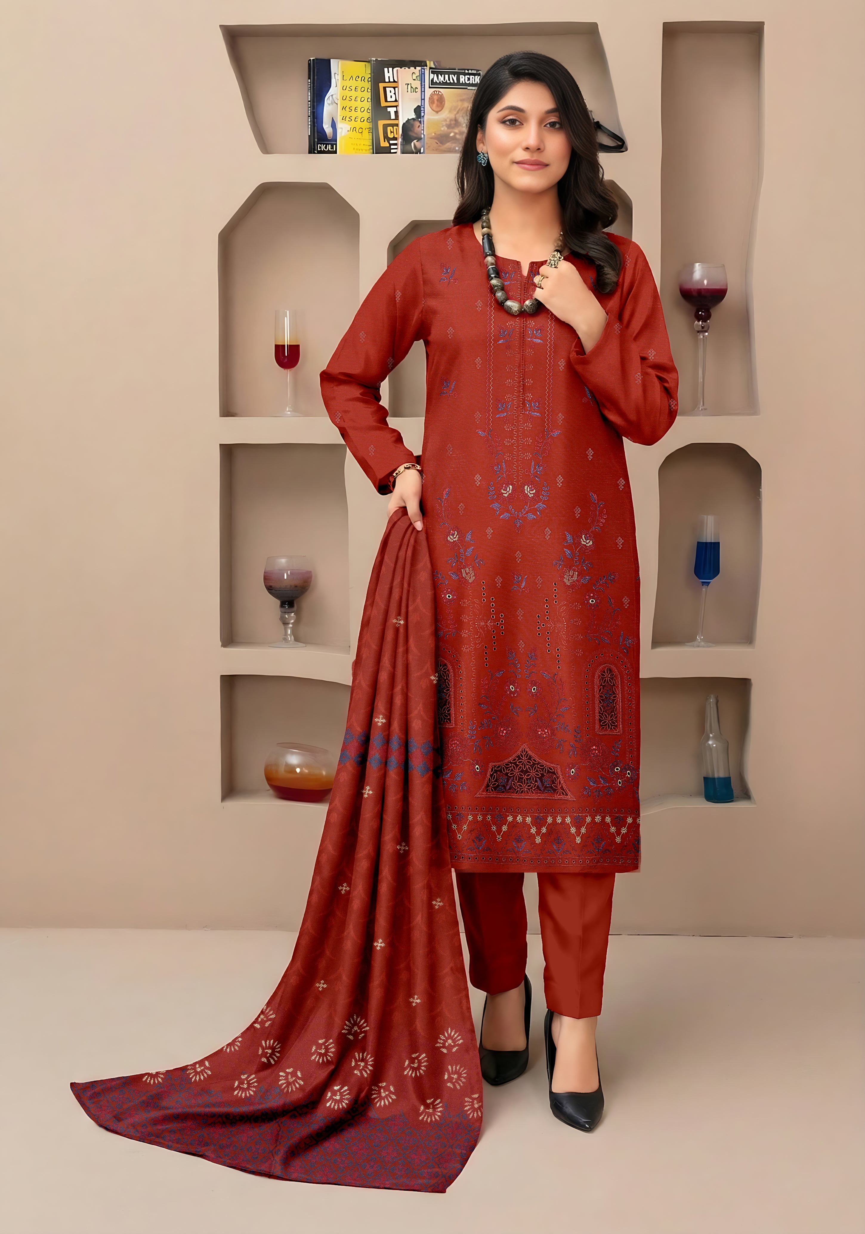 SASSI PEACH WOOL EMB Shirt & Dupatta Vol-2557