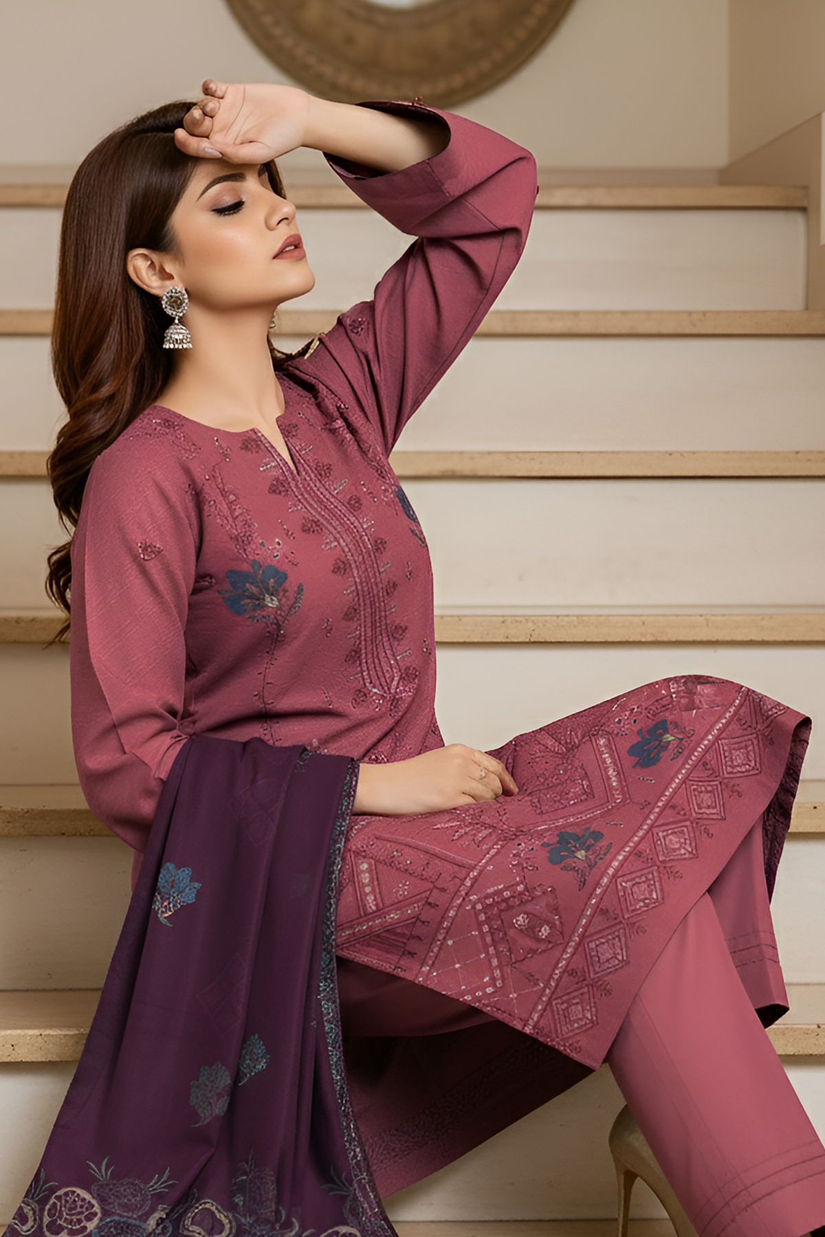 SASSI PEACH WOOL PRINT Shirt & Dupatta Vol-2560