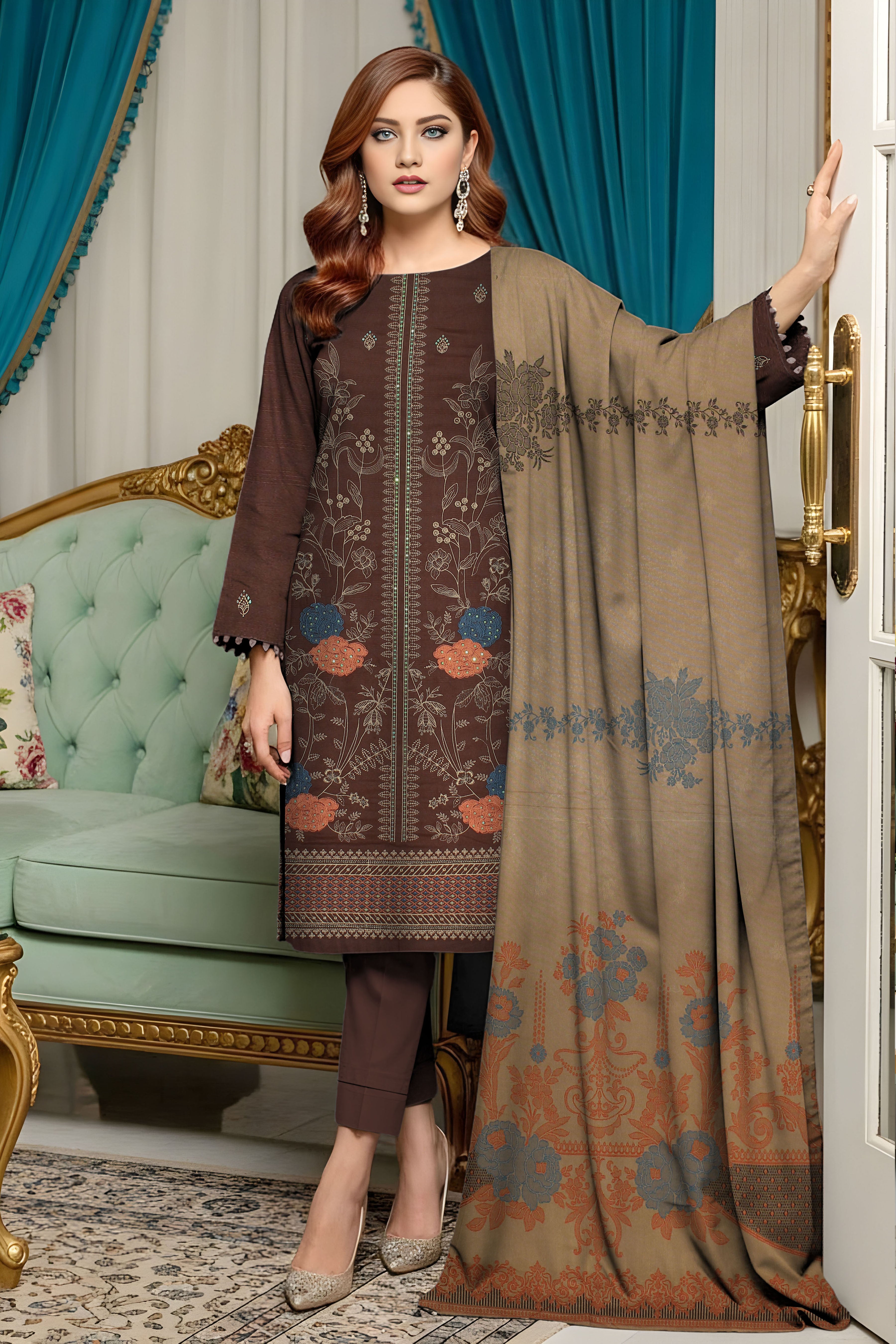 SASSI PEACH WOOL PRINT Shirt & Dupatta Vol-2560