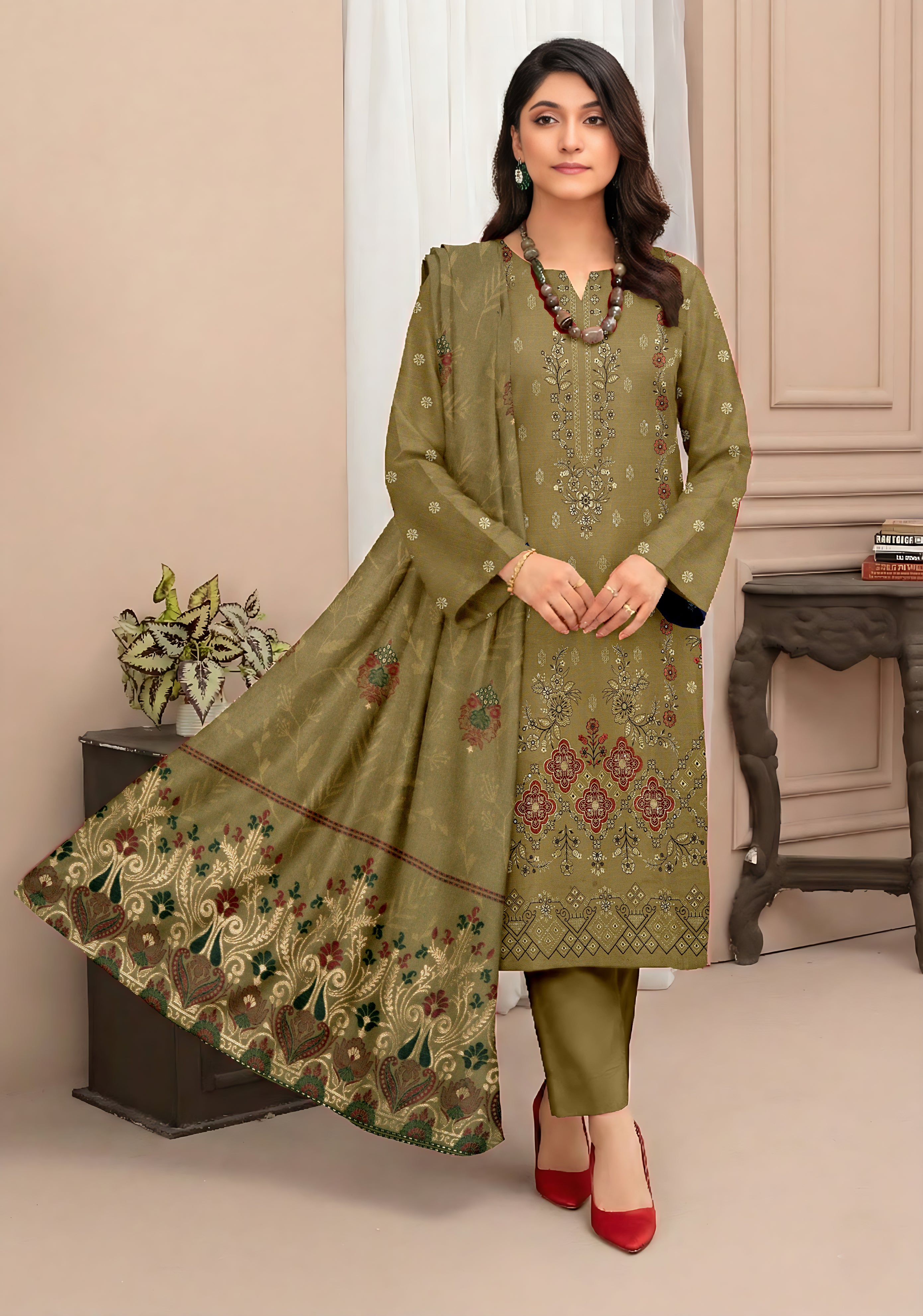 SASSI PEACH WOOL EMB Shirt & Dupatta Vol-2557