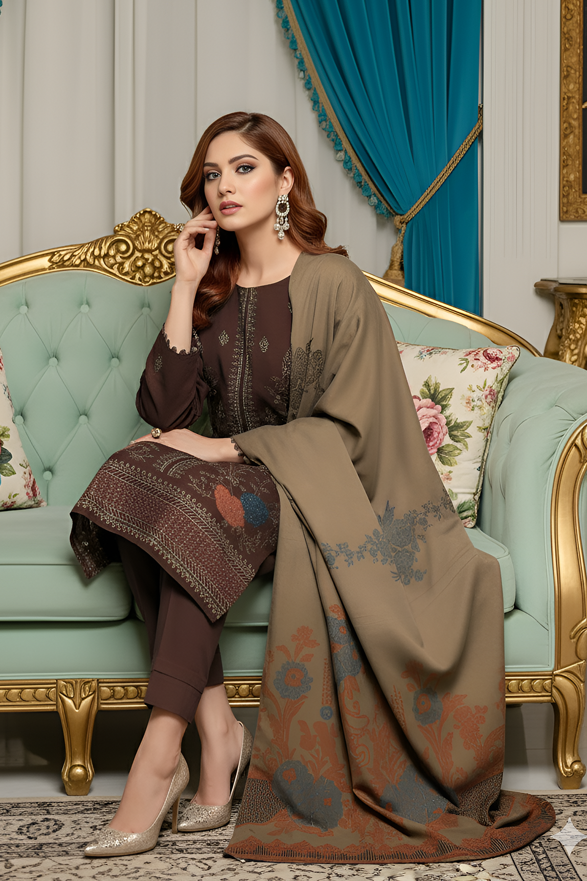 SASSI PEACH WOOL PRINT Shirt & Dupatta Vol-2560