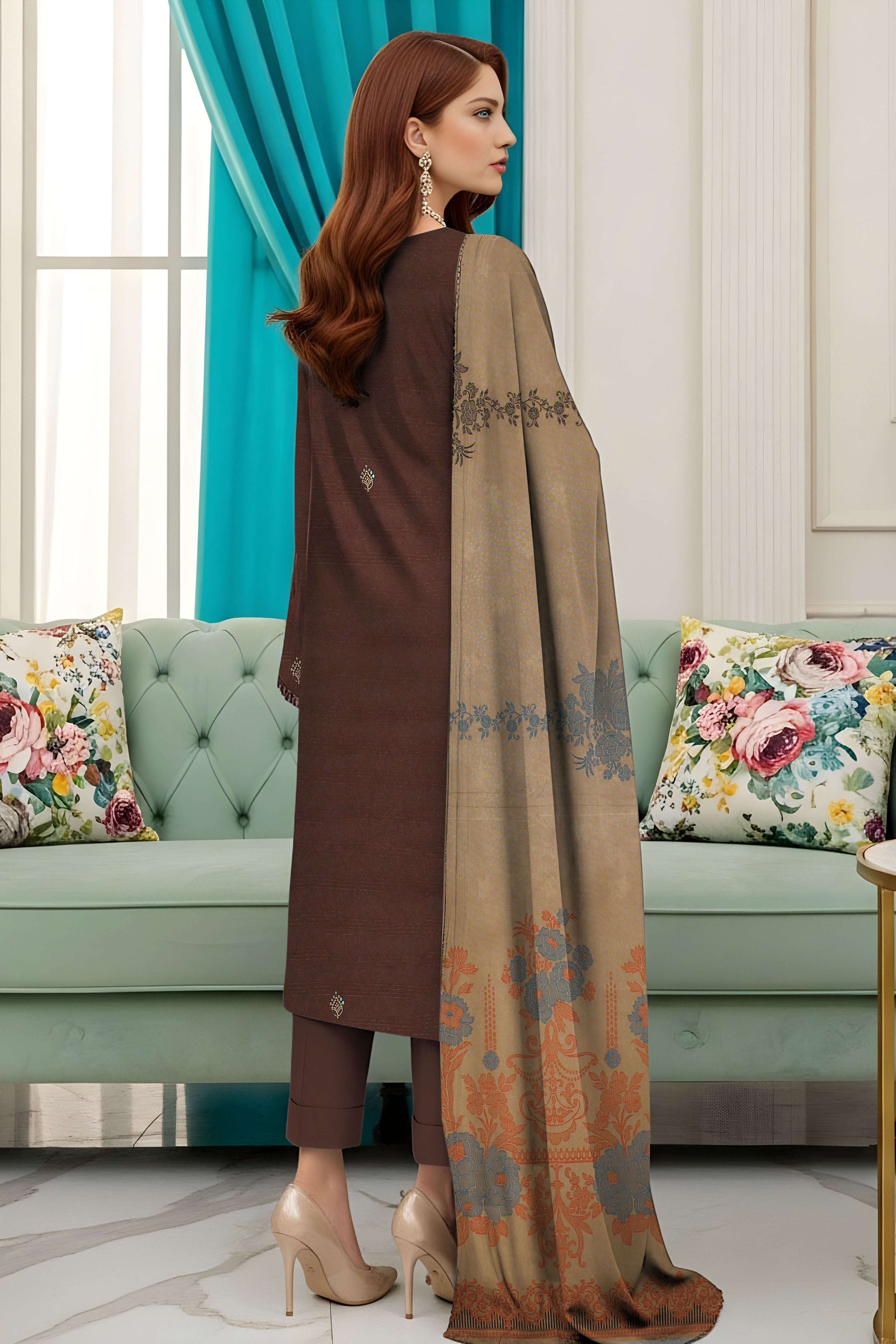 SASSI PEACH WOOL PRINT Shirt & Dupatta Vol-2560